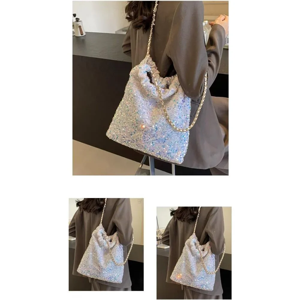 Women's Glitter Sequin Shoulder Tote Large Capacity Sparkling Handbag